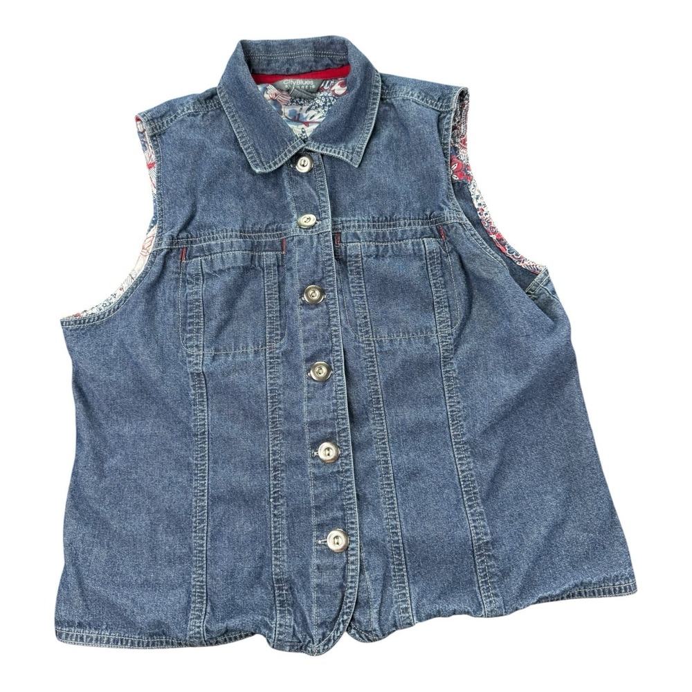 City Blues Koret Denim Vest Womens M Blue Button Front Floral Lining